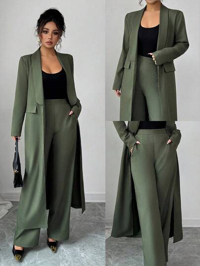 Elenzga 两件套套装：女士优雅翻领长袖长款西装外套+直筒裤套装，这是一款精致优雅的两件套西装，专为女性量身定制。它百搭实用，适合各种场合，包括办公室穿着、日常通勤、街头风、法式浪漫风、休闲外出、中东复古主题活动、下午茶、派对、感恩节、新年、返校季等等。