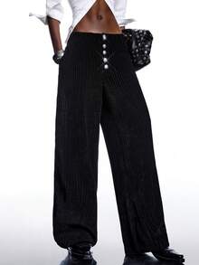 LYSMO Women's Striped Button Pocket Casual Versatile Commuting Wide Leg Pants - Black - View 5