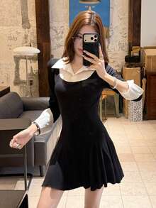 DAZY Women's Casual Long Sleeve 2 In 1 Shirt Dress - Black - View 4