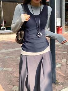 DAZY 女士休闲圆领无袖背心和纯色长袖T恤两件套家居服套装 - 灰色 - 查看 7