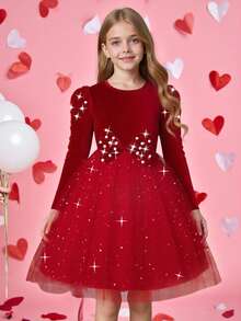1pc Girls' Autumn New Velvet Fabric Round Neck Long Sleeve Ruched Gigot Sleeve Dress With Bow Waist And Sequin Hem, Red, Suitable For Christmas, Parties, Ceremonies - Red - View 1