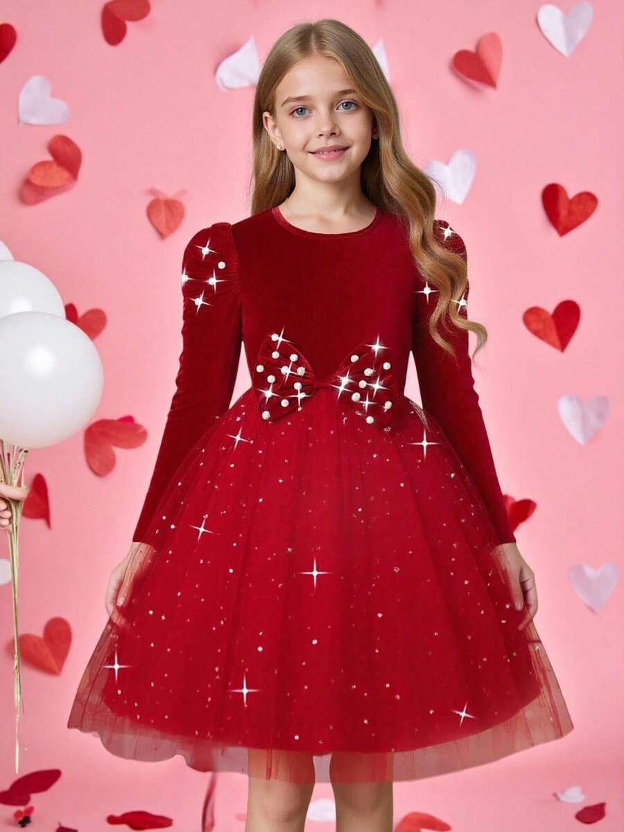 1pc Girls' Autumn New Velvet Fabric Round Neck Long Sleeve Ruched Gigot Sleeve Dress With Bow Waist And Sequin Hem, Red, Suitable For Christmas, Parties, Ceremonies - Red - View 1