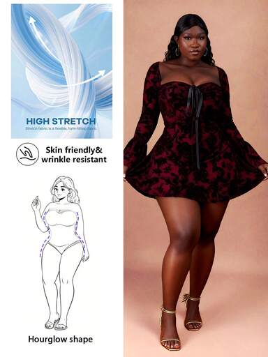 CurvyTilda Plus Size Women Sexy Sweetheart Neck Flare Sleeve Waist Cinched Floral Print Sheer Mesh Overlay Dress, Spring/Summer/Autumn,Valentine Day, Christmas, For Hourglass Body Shape