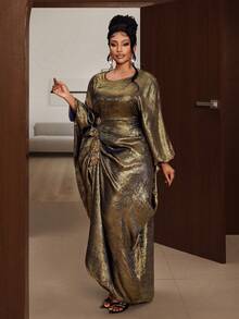 SHEIN CURVE+ 大码女士优雅宽松蝙蝠袖衬衫，适合正式场合 - 金色 - 查看 4