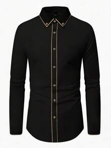 Manfinity Mode Áo sơ mi nam casual phối viền tương phản, màu đen thời trang, trang phục nam lịch lãm, áo sơ mi công sở nam màu đen và vàng, áo sơ mi nam cao cấp, phong cách quý tộc, thích hợp cho hàng ngày, những chuyến đi cuối tuần, hoạt động ngoài trời, du lịch, môi trường làm việc thoải mái hoặc các dịp bán trang trọng, quà tặng cho bạn trai/chồng, quà kỷ niệm/sinh nhật, quà Giáng sinh, năm mới, đám cưới. - màu đen - Xem 3