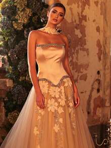 Glamrae Váy maxi dáng chữ A thêu hoa 3D thanh lịch dành cho nữ, thích hợp cho các buổi tiệc trang trọng. - Màu be - Xem 5