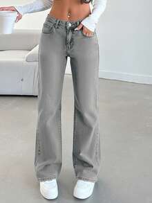 SHEIN Tall 100%Cotton LOW AIST BLACK STAIGHT CUT LONG HEM JEAN - Grey - View 5