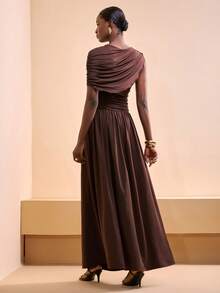 Zivah Women's Dark Brown Summer Elegant One-Shoulder Ruched Top A-Line Long Dress,Bohemian Wedding Guest Party Night Vacation Beach Spring & Summer Dress - Mocha Brown - View 3
