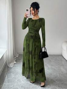 Rafferiza 女士优雅扎染印花网纱弹力腰褶皱喇叭下摆长袖连衣裙