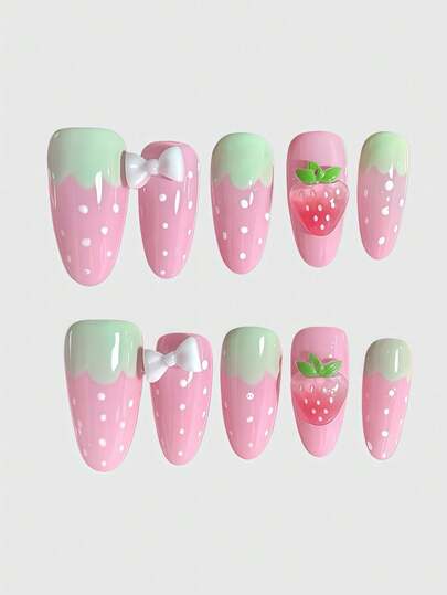 ROMWE Anime 10pcs Y2K Retro Star, Polka Dot, Striped, Pop Art, Grunge, Music Note Decorative False Nails, Handmade, Suitable For College, Music Festivals, Dates, Etc.