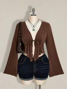 SHEIN ICON 大码女式黑色纹理前系带衬衫 - 棕色 - 查看 4