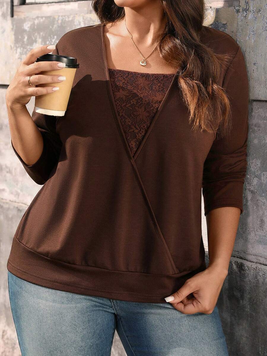 EMERY ROSE Sudadera de manga larga elegante con parches de encaje 2 en 1 para mujer de talla grande, otoño/invierno - Caqui - Ver 1