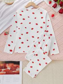 2pcs Girls Strawberry Print Long Sleeve Pajama Set, Comfortable Sleepwear Strawberry Pajama Set - Beige - View 2