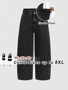SHEIN CURVE+ 大码高腰弹力腰带休闲百搭牛仔裤，黑色，适合冬季、春季、圣诞节、新年、感恩节、通勤、度假、毕业典礼等各种场合，时尚百搭，Y2K风格，可爱街头风，适合派对、婚礼、优雅商务休闲等各种场合，舒适大码高弹黑色牛仔弹力腰阔腿牛仔裤，适合日常穿着，曲线友好型牛仔裤，黑色锥形牛仔裤，5XL码女式牛仔裤，曲线妈妈牛仔裤 - 黑色 - 查看 9