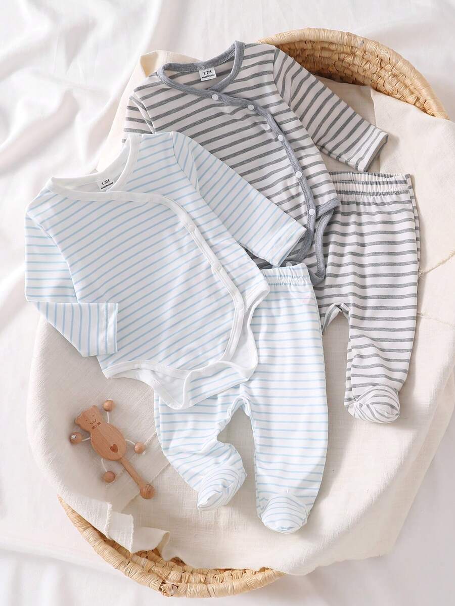 Newborn Elegant Floral Gray & Blue Striped Pattern Cardigan Long Sleeve Outfit Set - Baby Blue - View 1