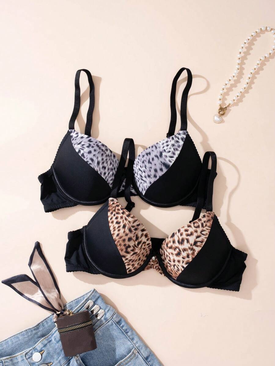 2pcs/Set Women's Solid & Printed Minimalist Padded Underwire Bras - Multicolor - View 1