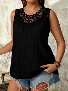 SHEIN LUNE Chic Plus Size Black Eyelet Embroidery Knitted Tank Top For Women Long Round Neck Semi-Sheer - Black - View 3