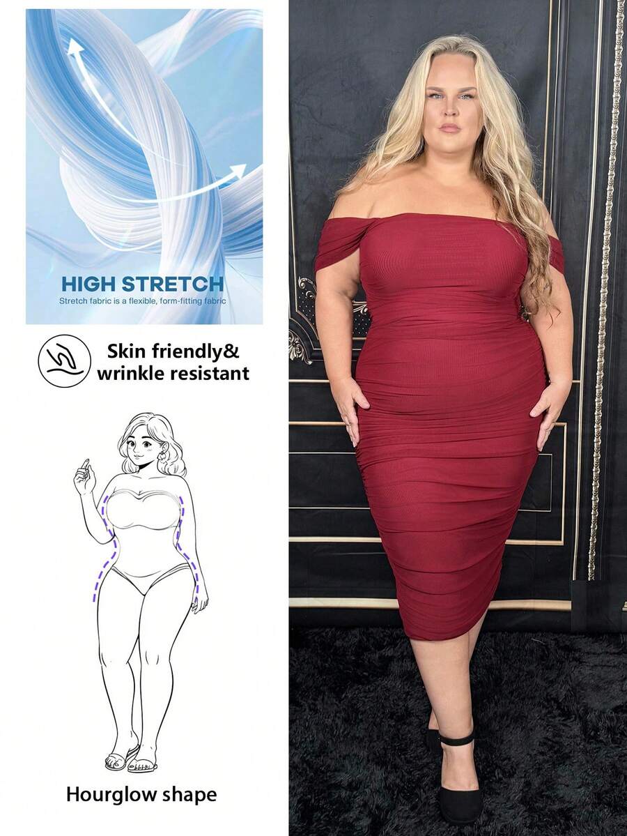 Hourglow Dollyholly86 Plus Size Off Shoulder Long Dress, Spring Summer Beach Outfit,Birthday Dresses For Women, For Hourglass Body Shape - Burgundy - View 1