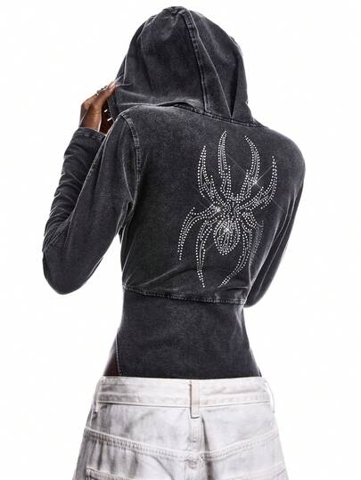 LYSMO 2025 New  Minimalist Winter Clothes For Women Rhinestone Spider Print Long Sleeve Zipper Front Hooded Bodysuit/ Women's Winter Clothes /Christmas /Christmas Women's Clothing/New Year Clothes /New Year Outfit /New Year Women /Clothes For New Year/New Year Women's Clothes/Thanksgiving Outfit For Women /Thanksgiving / Party/Stylish Clothing Collection