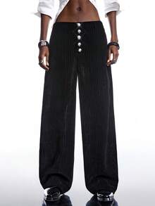 LYSMO Women's Striped Button Pocket Casual Versatile Commuting Wide Leg Pants - Black - View 1