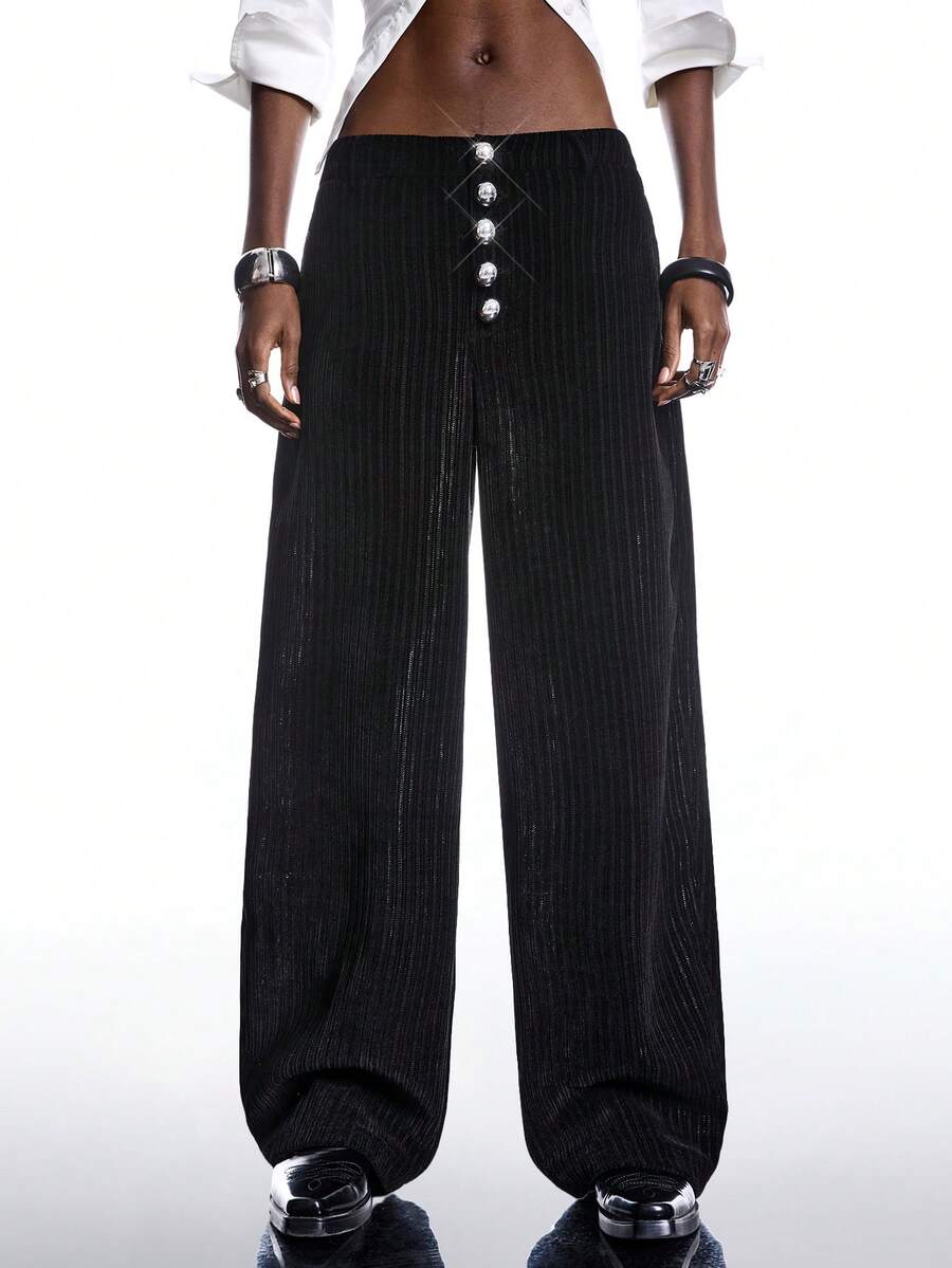 LYSMO Women's Striped Button Pocket Casual Versatile Commuting Wide Leg Pants - Black - View 1