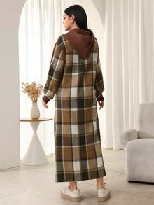 Mulvari Dropped Shoulder Long Sleeve Casual Plaid Patchwork Drawstring Hooded Abaya Dress - Multicolor - View 4