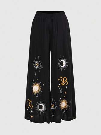 Gothic Stern, Mond, Schlangenhaut Augen Muster schwarze Weit geschnittene Hose, lässige weite Hose in Große Größen