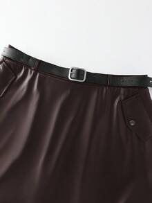 GlowEve CURVE Spódnica damska z elastycznej skóry PU w dużym rozmiarze, Elenzga Elegancka do dojazdów do pracy, z paskiem - Brązowy mocha - Zobacz 6