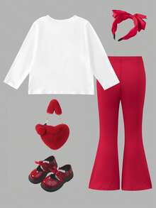 2 pièces/set Jeune fille mignon décontracté T-shirt à manches longues col rond 3D en forme de cœur, assorti avec un pantalon évasé contrasté, convient pour le port décontracté en extérieur au printemps et en automne - Rouge et Blanc - Voir 2