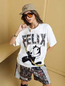 Felix The Cat X SHEIN 1 Set Men's Casual Fashion Street Cartoon Tree & Letter Print Loose Drop Shoulder T-Shirt And Drawstring Waist Contrast Striped Side Shorts Set, Summer - White - View 7