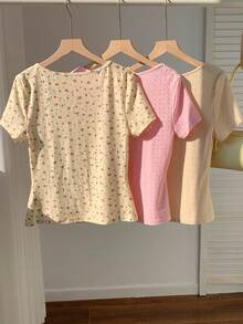 Comfortcana 3pcs/Set Women's Basic Crew Neck Short Sleeve T-Shirts,Coffee Brown & Pink,Beige,Summmer,Elegant,Everyday,Y2k Casual Cute Tops For Spring Vacation - Multicolor - View 2