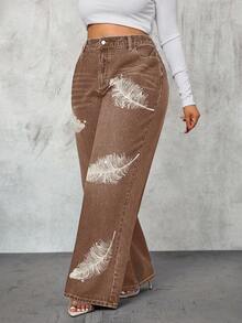 Slaydiva Quần jean denim dáng rộng, in họa tiết lông vũ, kiểu dáng thường ngày, đã qua xử lý. - Cà phê nâu - Xem 4
