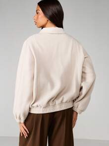 MISSGUIDED 女士秋冬休闲外套，宽松米色全拉链翻领卫衣外套，弹性袖口，版型舒适。 - 卡其色 - 查看 2