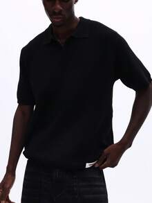 Polo de punto de ajuste relajado SUMWON, de manga corta, cuello, casual, cómodo, esencial, prenda básica de armario de todos los días, liso - Negro - Ver 6