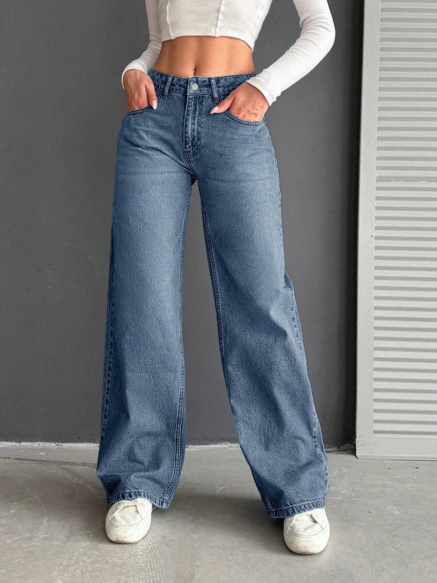 100%Cotton Low Waist Wide Leg Medium Wash - Dusty Blue - View 1