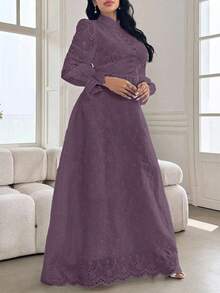 Modelyn Plus Size Women French Style Mandarin Collar Embroidered Puff Sleeve Dress Fall - Purple - View 5