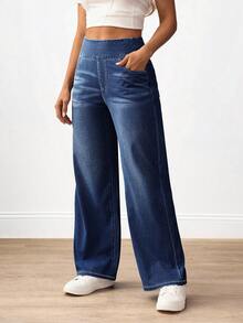SHEIN Tall CURVE 大码女式休闲直筒牛仔裤 - 藍色 - 查看 4