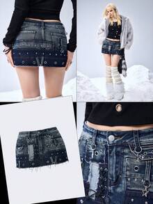 ROMWE EDITION Punk Metal Grommet Design Low Waist Mini Denim Skirt
