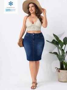 EMERY ROSE Plus Size Women's Vintage Washed Denim Mini Skirt, Spring/Summer - Dark Wash - View 5