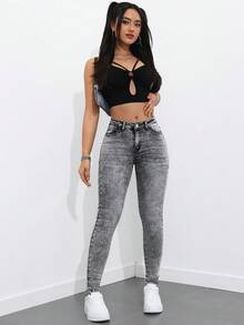 SHEIN ICON Plus Size Women's Solid Color Casual Jeans - Grey - View 4