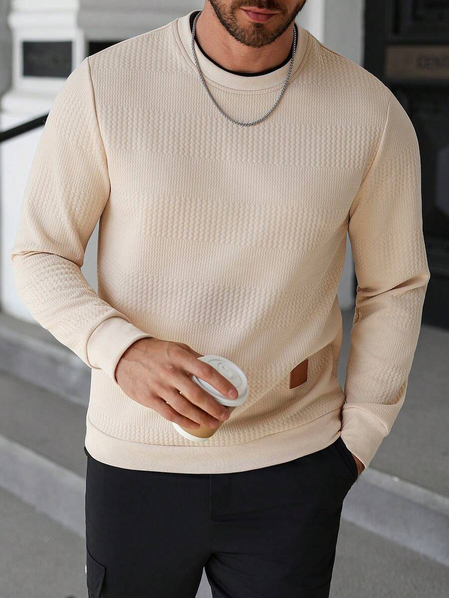 Manfinity CasualCool 男士撞色纹理面料长袖套头卫衣，奶油色上衣，男士米色上衣，复古风格，日常休闲，周末旅行，户外活动，探险旅行，轻松的工作环境或半正式场合，男友/丈夫礼物，周年纪念/生日礼物，派对，圣诞节，新年，婚礼 - 杏色 - 查看 1