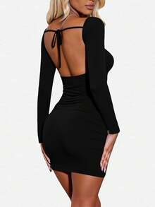 INAWLY Women Solid Color Round Neck Long Sleeve Casual Short Dress Fall Cloth For Women - Black - View 2