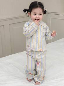 DAZY 2件套女婴休闲条纹领蝴蝶结卡通印花衬衫和裤子睡衣套装 - 米色 - 查看 5