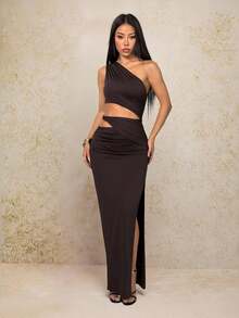 SHEIN PETITE 白色不对称褶皱修身高开衩连衣裙，沙滩度假风白色连衣裙，波西米亚风连衣裙 - 咖啡棕 - 查看 5