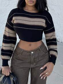 Alexandranx Women Crew Neck Long Sleeve Stripe Simple Short Casual Pullover Sweater,Long Sleeve Tops Knit Pullover Fall Winter Outfit - Black - View 3