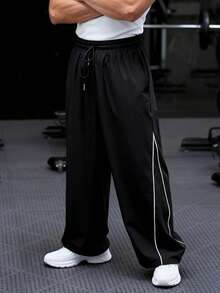 Manfinity Sport PWRUP Men's Casual Drawstring Waist Contrast Piping Loose Fit Sweatpants Sweat Pants - Black - View 3