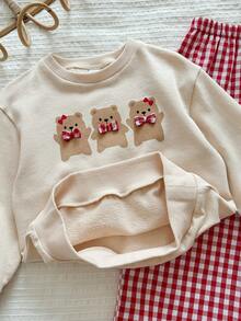 LMoss Kids Bộ đồ 2 món LMoss dành cho bé gái, gồm áo nỉ dệt kim in hình gấu và quần kẻ caro, thích hợp cho Giáng sinh, mùa thu đông ấm áp, áo chui đầu, trang phục cho chị em gái. - Nhiều màu - Xem 5