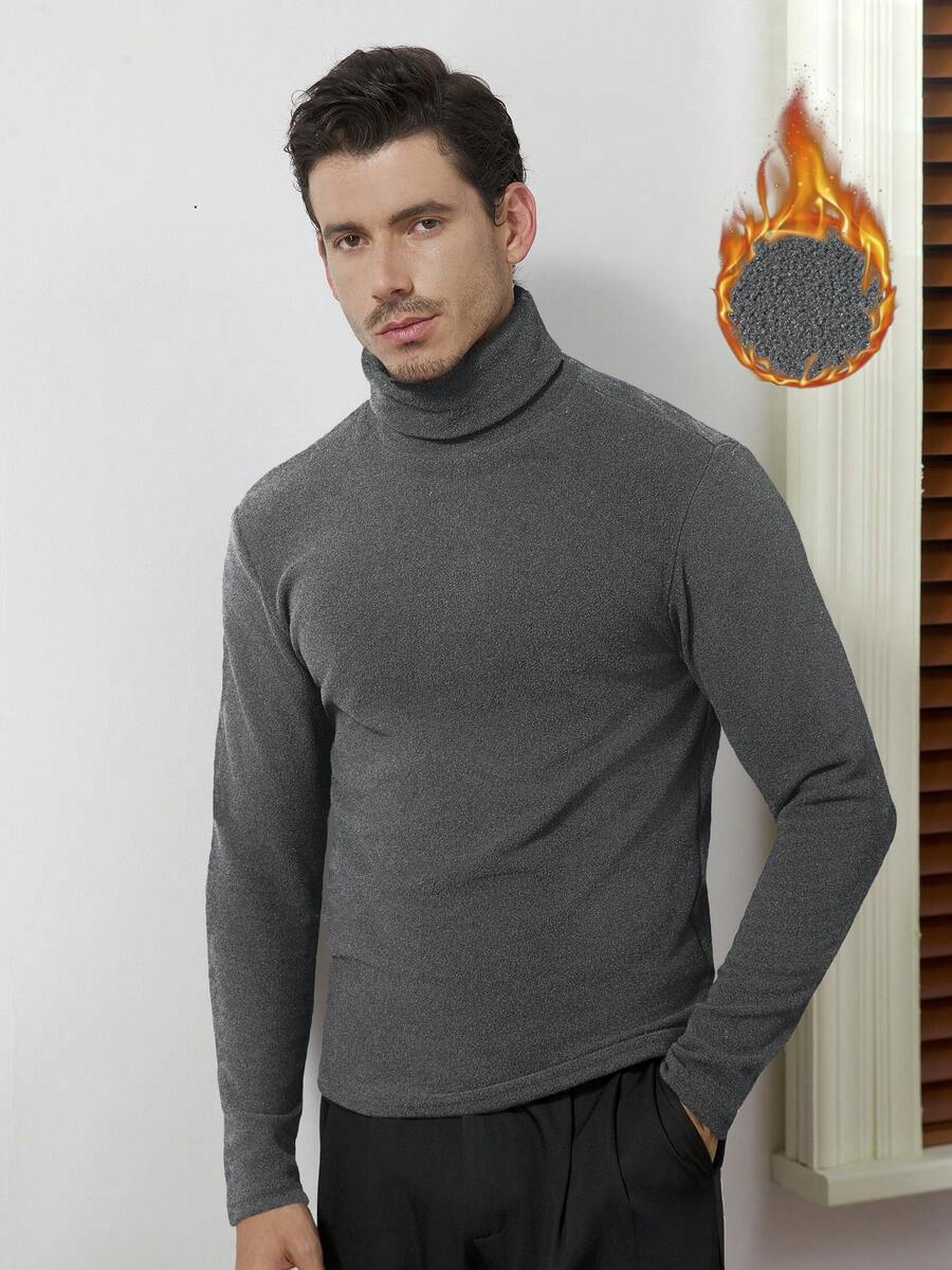 Core Aspect Kaos Pria Warna Abu-abu Gelap Polos Kerah Tinggi Lengan Panjang Potongan Reguler Untuk Olahraga di Gym dan Perjalanan Sehari-hari - Dark Grey - View 1