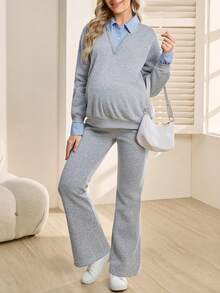 SHEIN Maternity Solid Color Adjustable Waist Flared Fleece Sweatpants