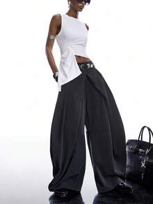 LYSMO 女士条纹褶裥口袋阔腿宽松休闲裤 - 深灰色 - 查看 6